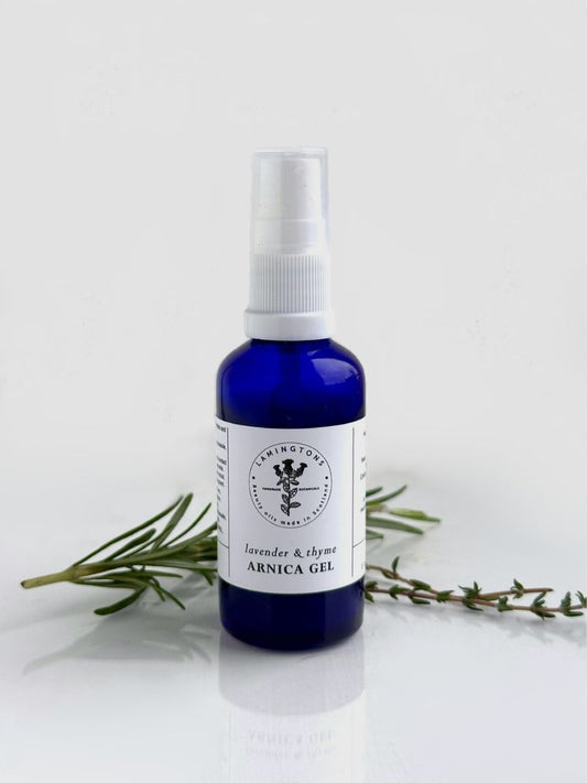 A bottle of lavender and thyme arnica gel