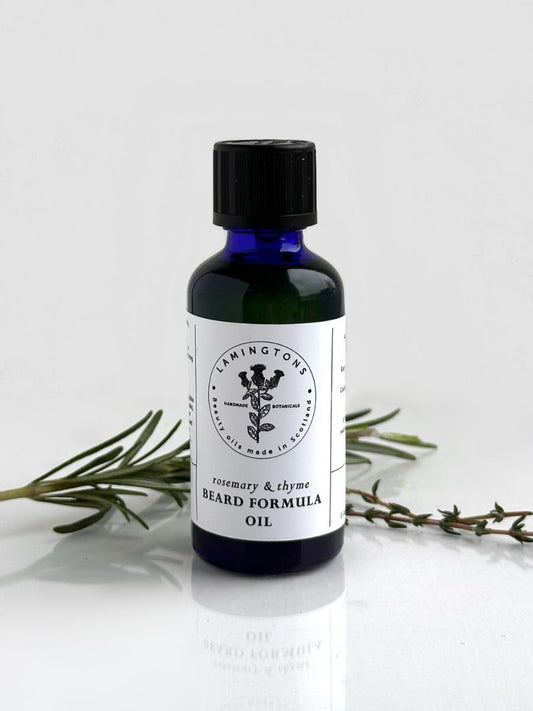 A bottle of rosemary and thyme beard formula oil.