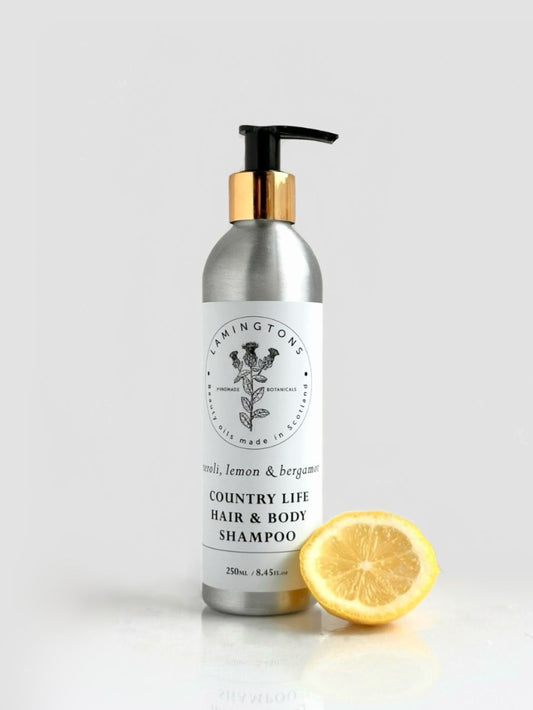 A bottle of neroli, lemon and bergamot Country Life hair and body shampoo.