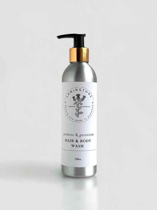 Bottle of jasmine and geranium hair and body wash.