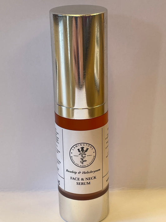 Helichrysum and organic rosehip face and neck serum .