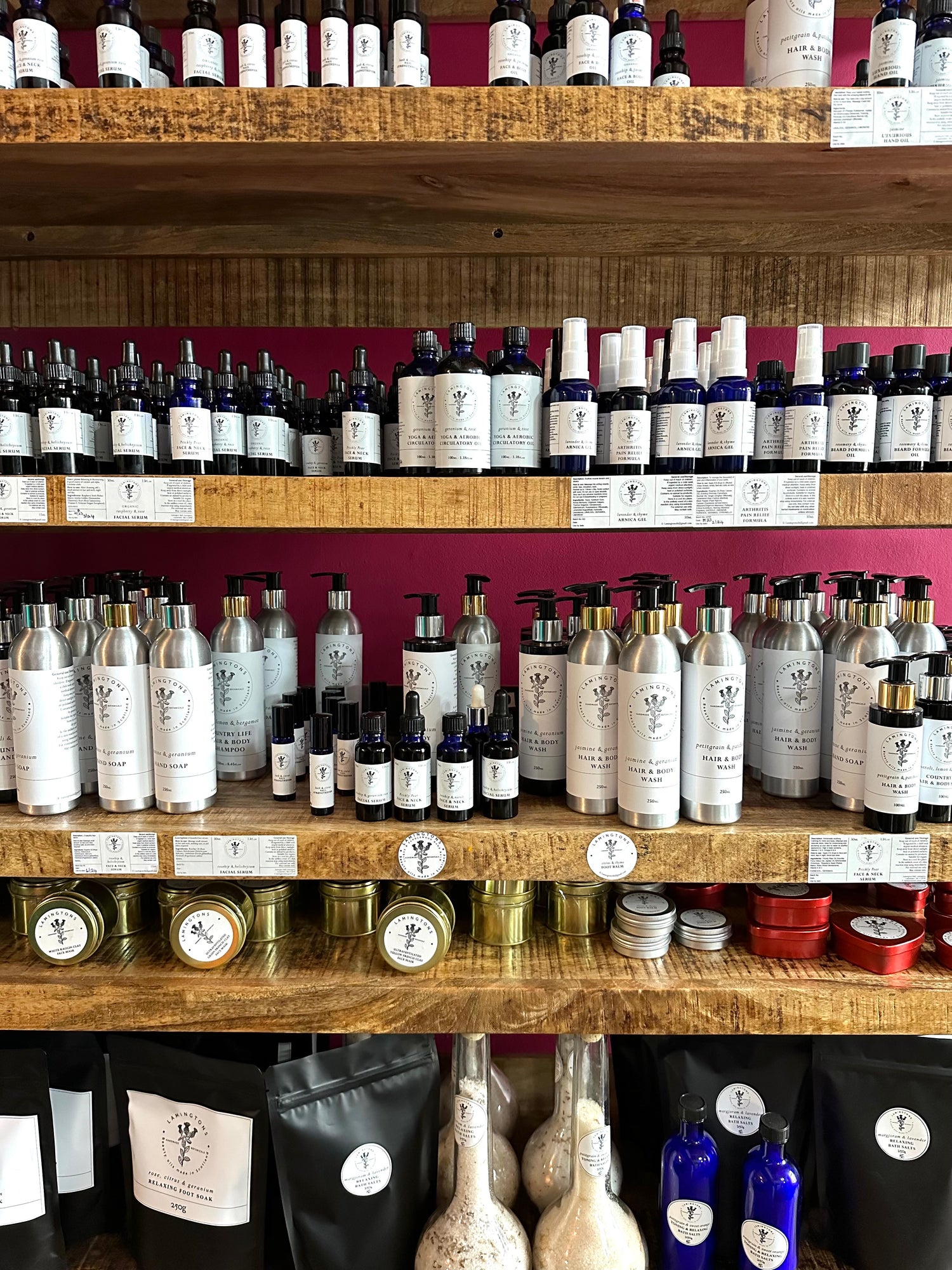 A selection of Lamington Therapies products on a shelf at Lamington Cafe, Biggar which is located near Edinburgh, Scotland.