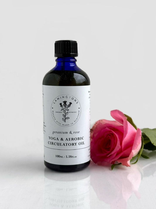 A bottle of geranium and rose yoga and aerobic circulatory oil.